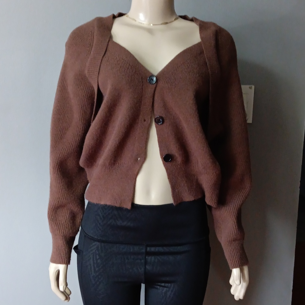 Commense Brown V-Neck Button Cardigan Sweater